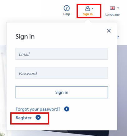 Inschrijvingsvenster met velden voor e-mail en wachtwoord, evenals knoppen voor "Inloggen" en "Registreren".