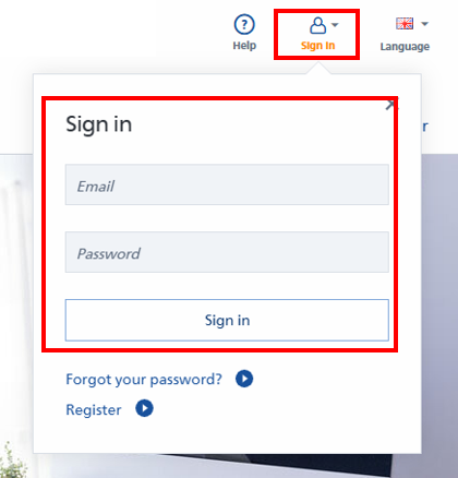 Inschrijfformulier met velden voor e-mail en wachtwoord, evenals een knop "Inloggen". Er zijn ook links voor "Wachtwoord vergeten" en "Registreren".