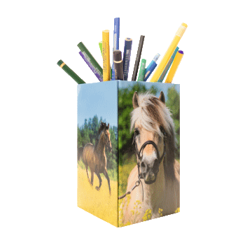 The translation of "Stiftehalter Pferdemotiv" from German to Dutch is "Pennenhouder met paardenmotief.