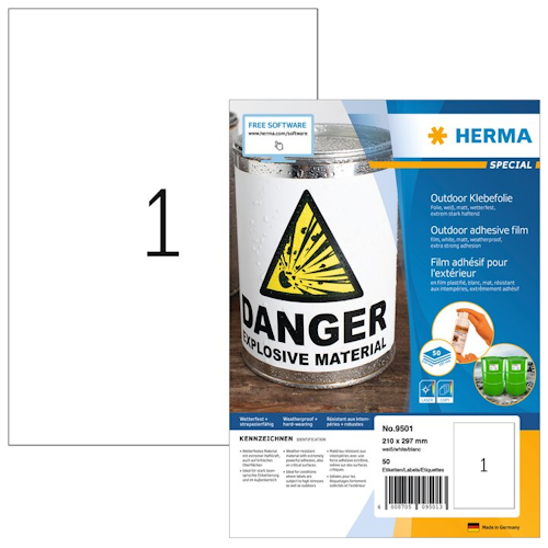Verpakking met outdoor-plakfolie van Herma, toont waarschuwingssymbool voor explosieve materialen. Bevat informatie over het gebruik en de afmetingen.