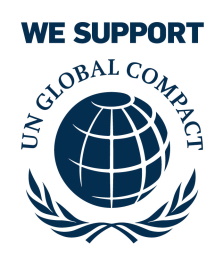 Ondersteuning van het UN Global Compact met een wereldbol en een lauwerkrans. Tekst: 'WE ONDERSTEUNEN HET UN GLOBAL COMPACT'.