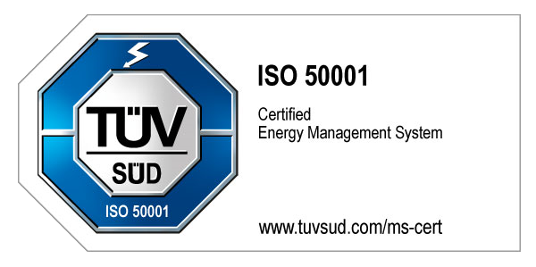Certificaat voor het energiemanagementsysteem ISO 50001 van TÜV SÜD, inclusief logo en website-URL.