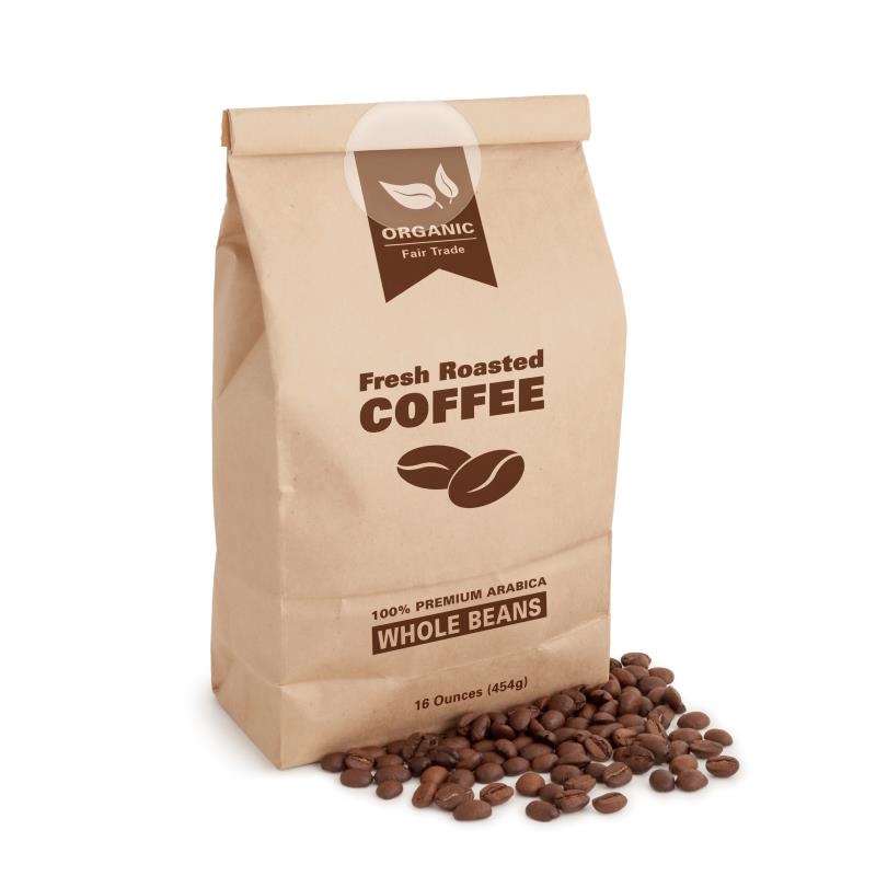 Versluitetiketten van semi-transparant papier op koffie verpakkingen van papieren zak.