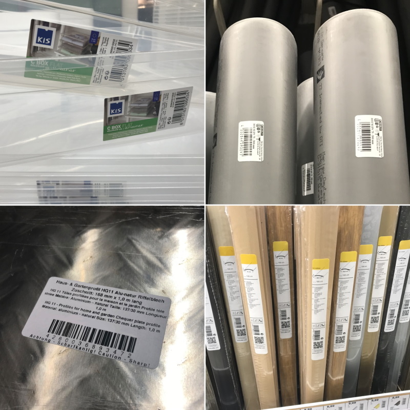 Oplossingen voor de bouwmaterialensector: productlabels met speciale eigenschappen voor moeilijke oppervlakken (transparante kunststof containers, afvoerbuizen, antislipplaat, krimpfolie)