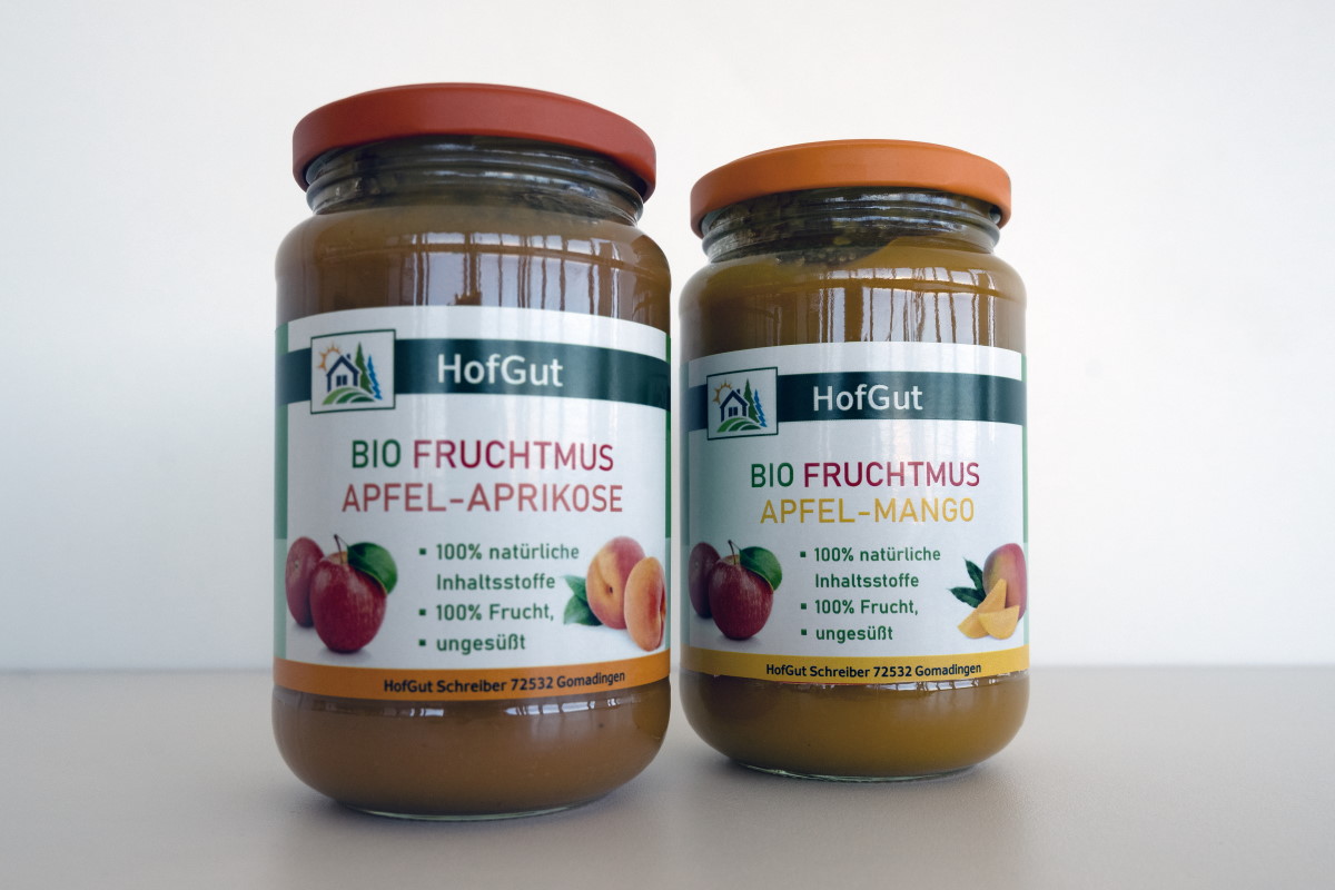 Rollabels online bestellen in digitale druk: Glazen etiketten voor biologische fruitpuree, 2 glazen, lichte achtergrond