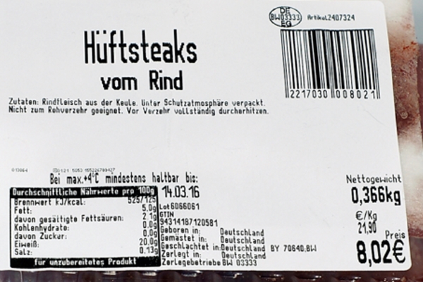 Vleesetiket met barcode en herkomstinformatie
