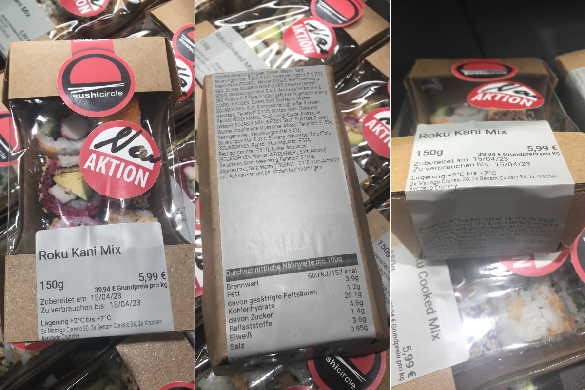 Translation: "Oplossingen voedsel: Productetiket op een afhaalverpakking met sushi, dat door de hoekverlijming ook als sluitlabel dient.