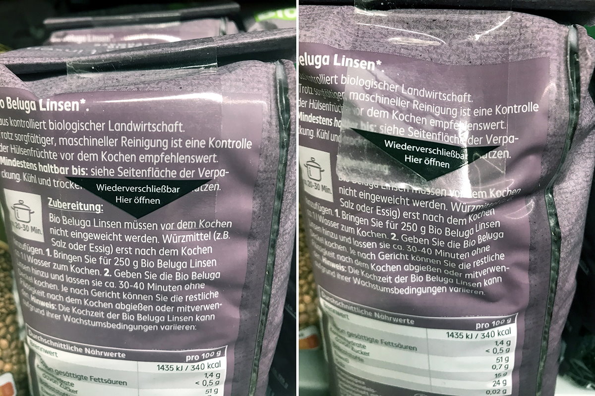 Verzegeling etiketten: transparant herbruikbaar etiket met gekleurde handgreep, op zakverpakking met linzen.