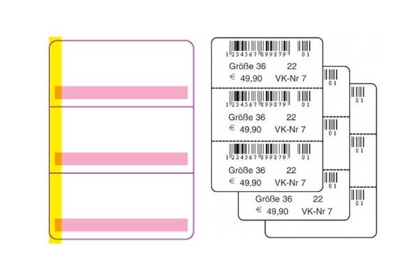 Schuhetiketten als duplexlabels, ook wel sandwichlabels genoemd.