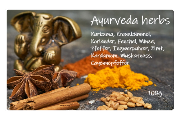 Online rollenetiketten bestellen in digitale druk: Etiket Ayurveda Kruiden, rechthoekig