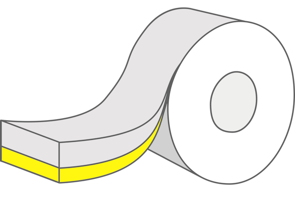 HERMA InNo-Liner: Opbouw van de hechtverbinding met etikettenpapier (lichtgrijs) en wateractiverende lijm (geel)