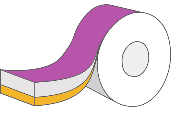 HERMA Linerless Etiketten klassiek: Opbouw van de hechting met een siliconen scheidingslaag (magenta), etikettenpapier (lichtgrijs) en zelfklevende lijm (oker).