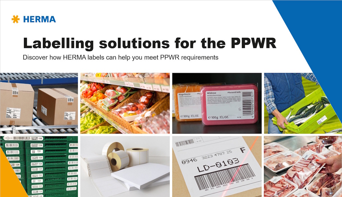 Labeloplossingen voor PPWR. Diverse HERMA-labels op verpakkingen, voedingsmiddelen en producten om te voldoen aan de PPWR-eisen. Voorpagina whitepaper in het Engels.
