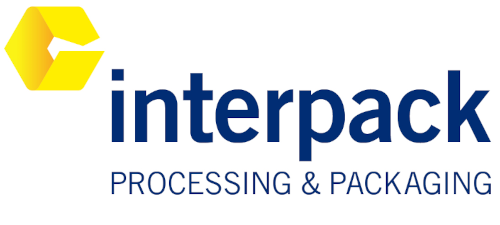 Logo van de interpack-beurs, die zich richt op verwerking en verpakking. Geel symbool en blauwe tekst.