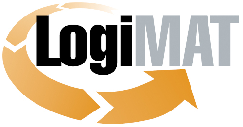 LogiMAT-logo met een gebogen pijl die een cyclus voorstelt, in zwart en oranje op een lichte achtergrond.