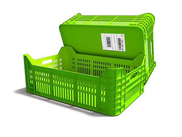 Groene kunststof doos met open zijkanten en een etiket, geschikt voor het opslaan of vervoeren van voorwerpen.