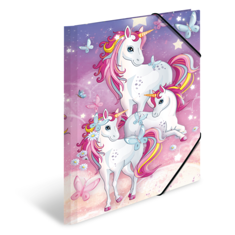 Zwei fantasievolle Einhörner mit bunten Mähnen und Glitzer, umgeben von Schmetterlingen und Blumen auf einem pastellfarbenen Hintergrund.