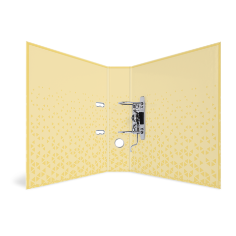 Gelbe Ordner mit einem geometrischen Muster und einer Metallmechanik in der Mitte, geöffnet und bereit zur Nutzung.