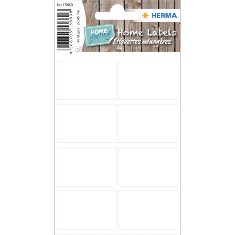Leere Etiketten für den Heimgebrauch, verpackt in einer transparenten Hülle mit der Aufschrift "Home Labels" und dem Logo von Herma.