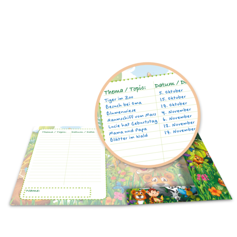 Ein Notizblock mit buntem Tierdesign, der Themen und Daten für verschiedene Aktivitäten auflistet, darunter Besuche und Geburtstage.