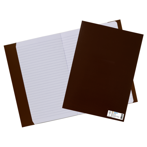 Braunes Ordnerheft mit linierten Seiten, offen liegend, neben einem geschlossenen braunen Ordner.