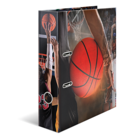 Ein Ordner mit Basketballmotiven, einschließlich eines Basketballs und Spielern, die einen Korb werfen.