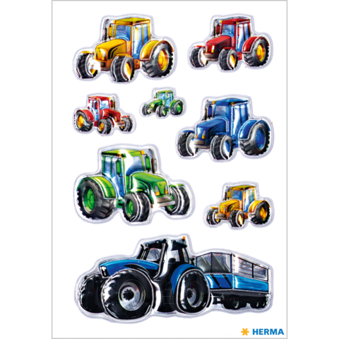 Bunte Aufkleber von Traktoren in verschiedenen Größen und Farben, darunter rot, gelb, grün und blau, mit einem Anhänger.