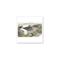 Moderne architectuur met meerdere gebouwen, waaronder zwarte en witte structuren, omringd door groenvoorzieningen.