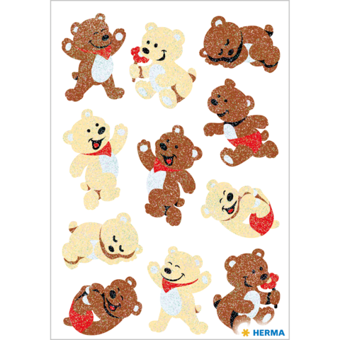 Bunte Aufkleber von Bären in verschiedenen Posen, einige halten Blumen oder Herzen, andere lächeln und tanzen.