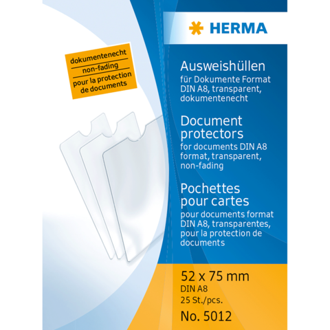 Ausweishüllen für Dokumente im Format DIN A8, transparent und dokumentenecht, 25 Stück, 52 x 75 mm.
