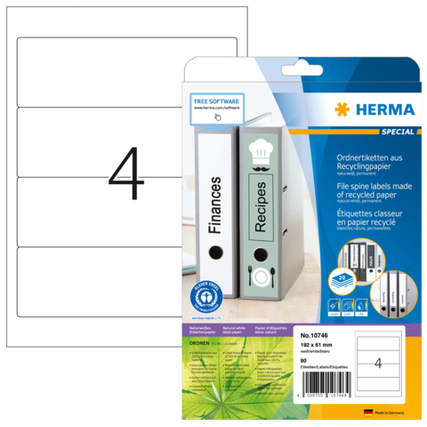 Ordneretiketten aus Recyclingpapier mit den Beschriftungen "Finanzen" und "Rezepte", verpackt in einer transparenten Hülle.