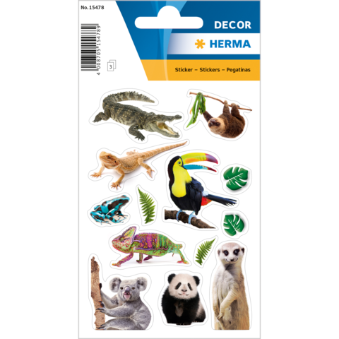 Tieraufkleber mit einem Krokodil, Faultier, Tukan, Chamäleon, Koala, Erdmännchen und verschiedenen Pflanzenmotiven.