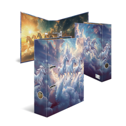 Ordner mit einem fantasievollen Design von Einhörnern, die durch eine wolkige, farbenfrohe Landschaft fliegen.