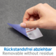 Eine Hand zieht einen ablösbaren Aufkleber von einer Oberfläche. Der Aufkleber zeigt den Text „Rückstandsfrei abziehbar“.