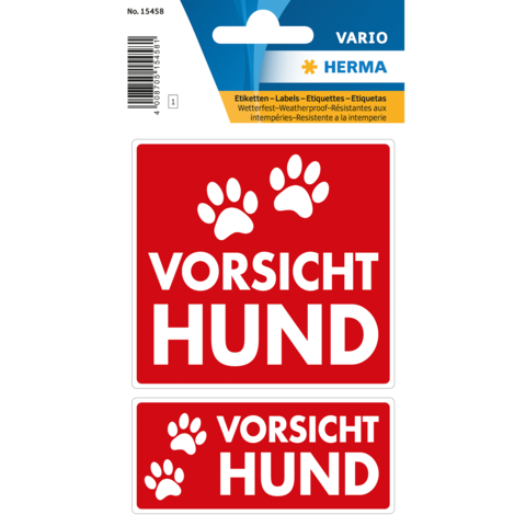 Zwei rote Aufkleber mit dem Text "VORSICHT HUND" und Pfotenabdrücken, die auf einen Hund hinweisen.