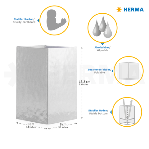 Stabiler, faltbarer Kartonbehälter in Silber mit abwaschbarer Oberfläche. Maße: 8 cm x 8 cm x 13,5 cm.