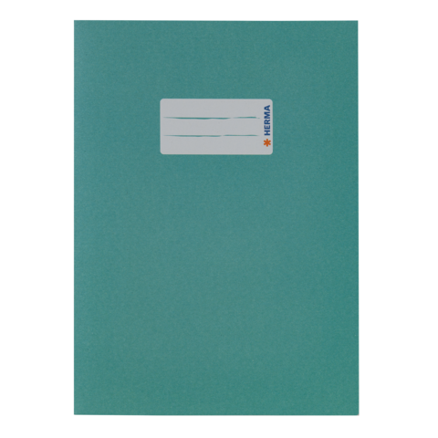 Grünes Heft mit einem weißen Etikett auf der Vorderseite, das Platz für Beschriftungen bietet.