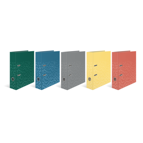 Fünf Ordner in verschiedenen Farben (grün, blau, grau, gelb, rot) stehen nebeneinander, jeder mit zwei Hebelmechanismen.