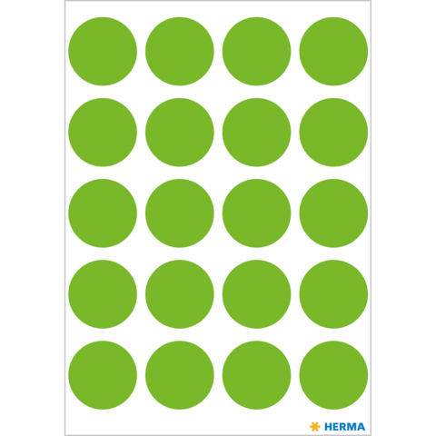 Grüne runde Aufkleber in einem regelmäßigen Muster auf weißem Hintergrund, angeordnet in mehreren Reihen und Spalten.