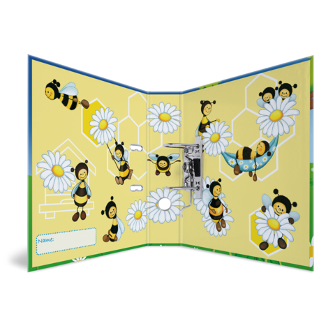 Ein farbenfrohes Heft mit Bienen und Blumenmotiven, das auf einer gelben Hintergrundfarbe gestaltet ist. Enthält Platz für einen Namen.