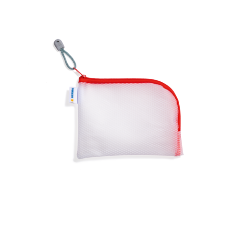 Transparente Tasche mit rotem Reißverschluss und grauem Griff, geeignet für die Aufbewahrung von kleinen Gegenständen.