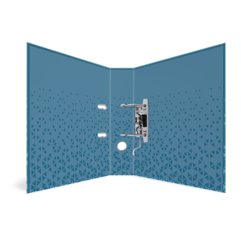 Blauer Ordner mit geometrischem Muster, geöffnet und sichtbar von innen, mit einer Metallmechanik zur Befestigung von Dokumenten.