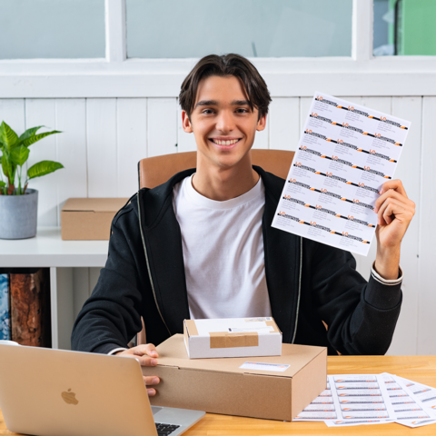 Een jonge man zit aan een tafel, houdt een vel met stickers vast en glimlacht. Op de tafel staan een doos en een laptop.