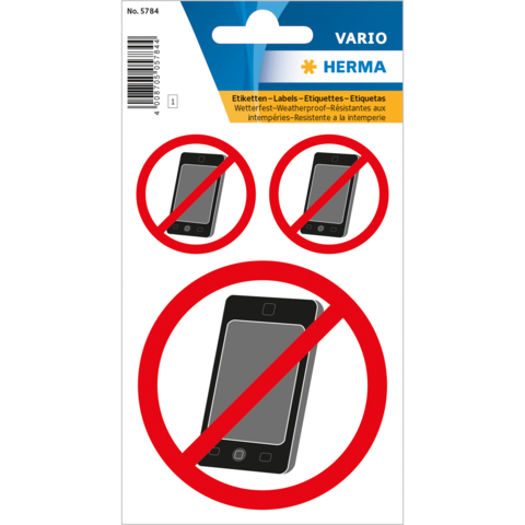 Ein Etikett mit durchgestrichenen Smartphones, das auf die Nichtverwendung von Handys hinweist. Enthält mehrsprachige Hinweise zur Wetterbeständigkeit.