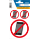 Ein Etikett mit durchgestrichenen Smartphones, das auf die Nichtverwendung von Handys hinweist. Enthält mehrsprachige Hinweise zur Wetterbeständigkeit.