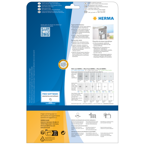 Rückseite einer Verpackung mit Informationen zu HERMA Produkten, einschließlich QR-Code und Hinweis auf kostenlose Software.