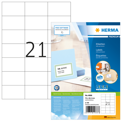 Etikettenblatt mit 21 vorgestanzten Etiketten, inklusive Beispiel für die Verwendung und Softwarehinweis.
