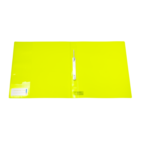 Helle, transparente Mappe mit einem weißen Stift auf der linken Seite. Ideal für die Aufbewahrung von Dokumenten.