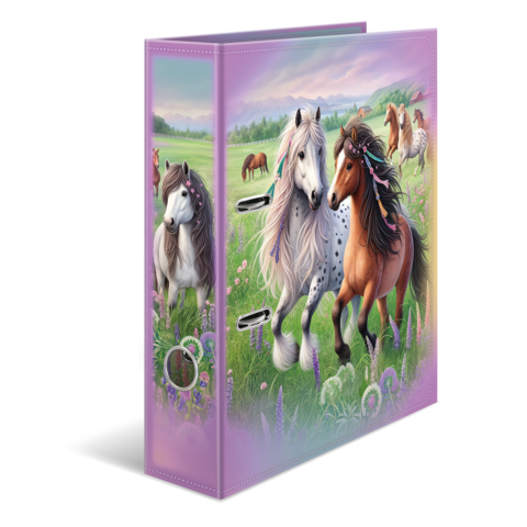Ein Ordner mit buntem Pferdemotiv, das zwei Pferde in einer blühenden Wiese zeigt, umgeben von weiteren Pferden im Hintergrund.
