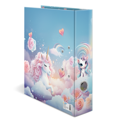 Ein Ordner mit einem bunten Einhorn-Design, das Wolken, Herzen und Rosen zeigt. Die Farben sind pastell und freundlich.